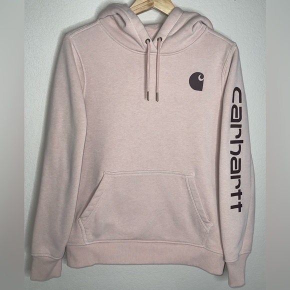 Carhartt Relaxed Fit Midweight Logo Sleeve Hoodie in Dusty Rose Pink Size Small - Picture 2 of 8